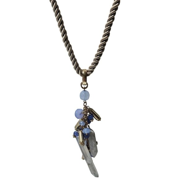 Chicos Blue Crystal Quartz Pendant Necklace Gold Tone Rope Chain - Picture 1 of 10